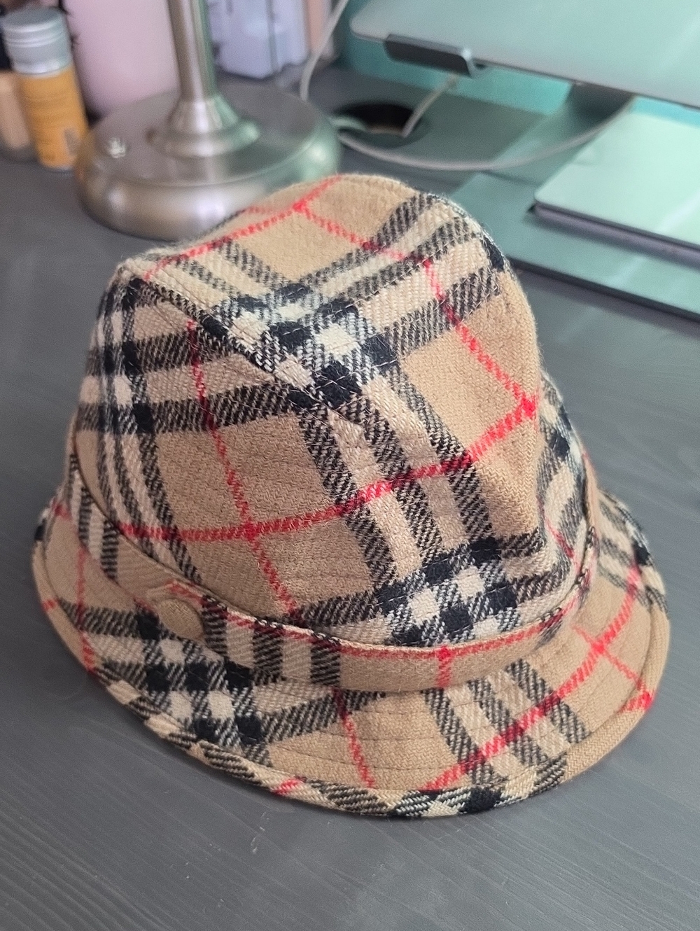 Burberry Tan Plaid Fedora Hat with Black & Red Checks